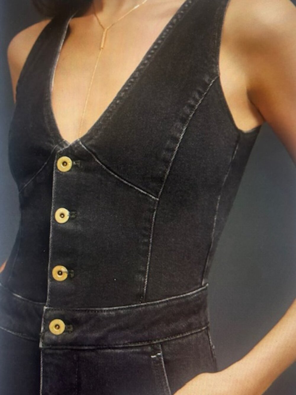 Anthropologie x Pilcro Rich Black Denim Button Down Fitted V Neck Jumpsuit NWT - Picture 6 of 16